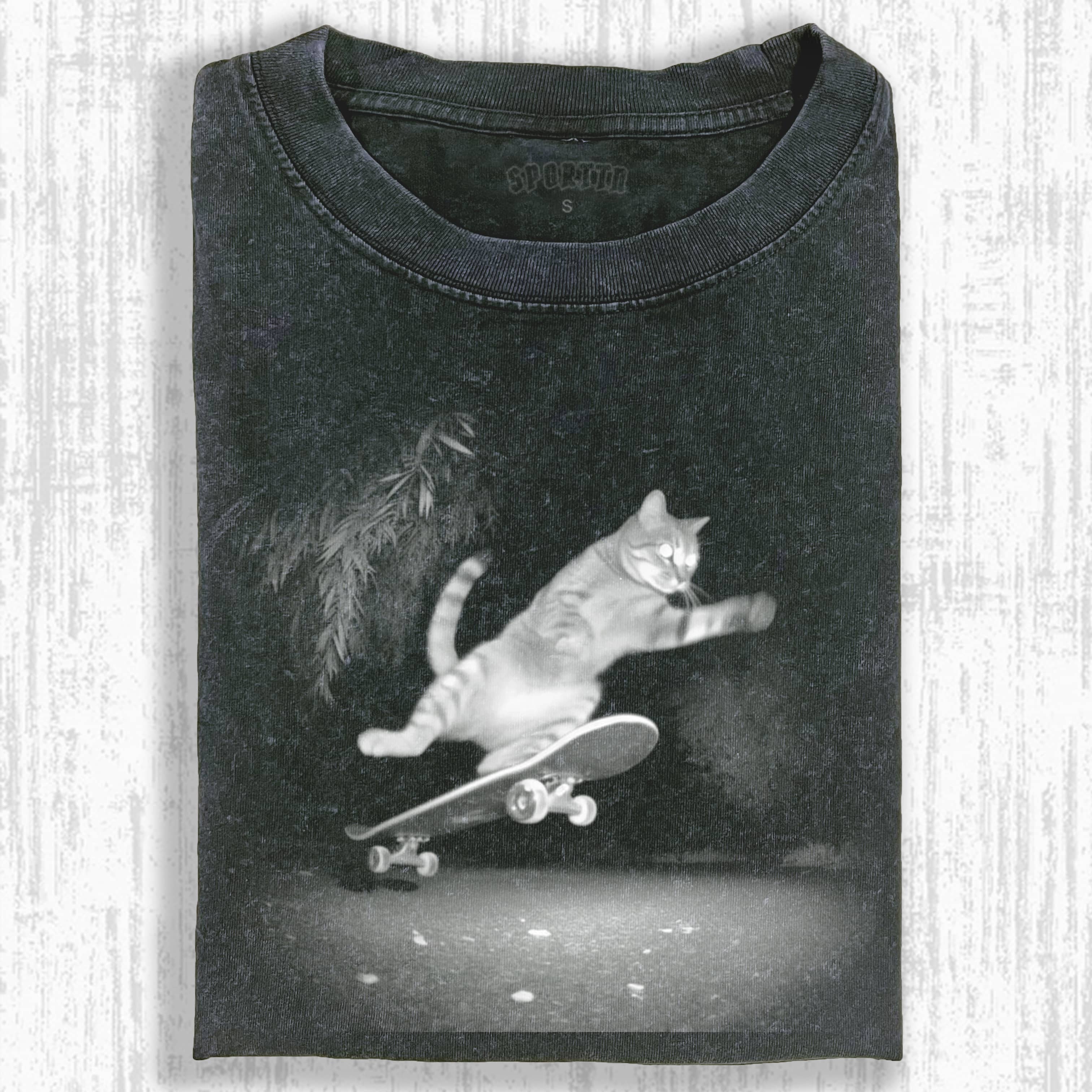 Wacky Skateboarding Cat Trick T-shirt - Vintage Washed Apparel by VanceMade