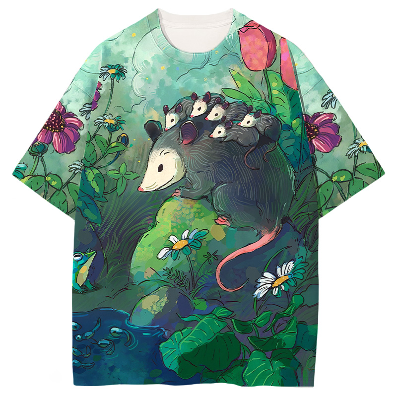ShawnCraft® Official: Opossum Meets Frog Graphic Print T-shirt - Premium Breathable Cotton Apparel