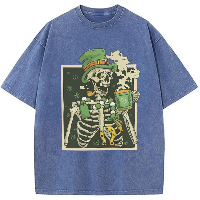 St. Patrick's Skeleton Drinking Coffee Washed T-Shirt - Vintage Washed Apparel by VanceMade