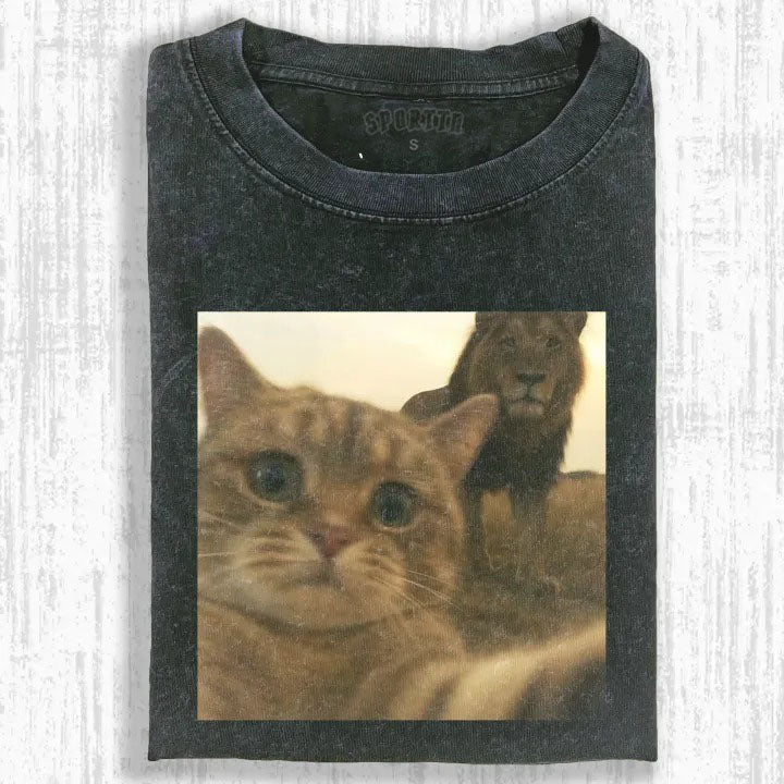 Wacky Cat with Lion in Background T-shirt - Vintage Washed Apparel by VanceMade