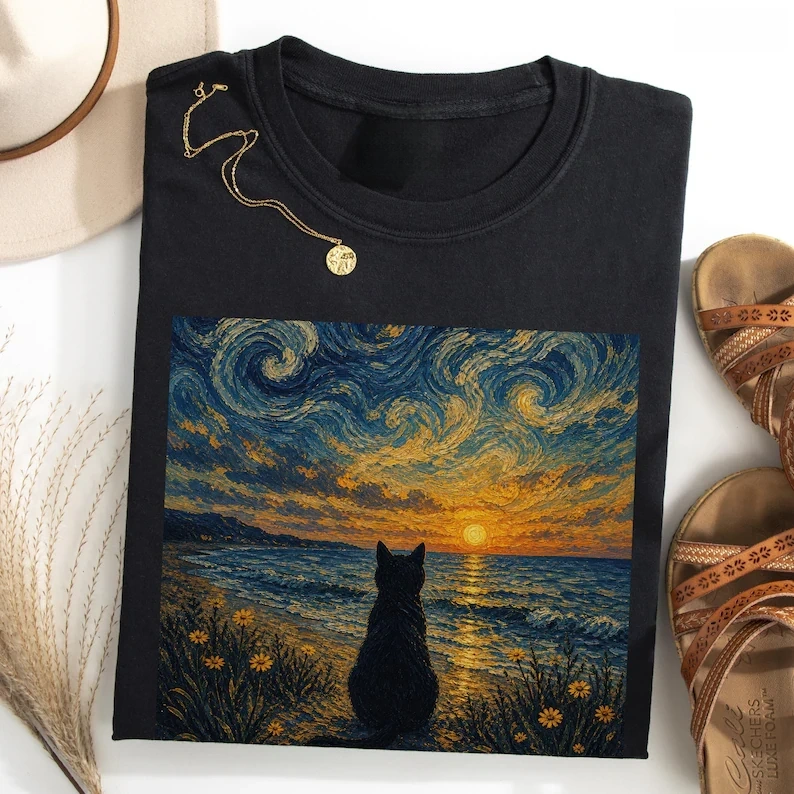 Summer Black Cat Ocean Sunset Graphic T-Shirt