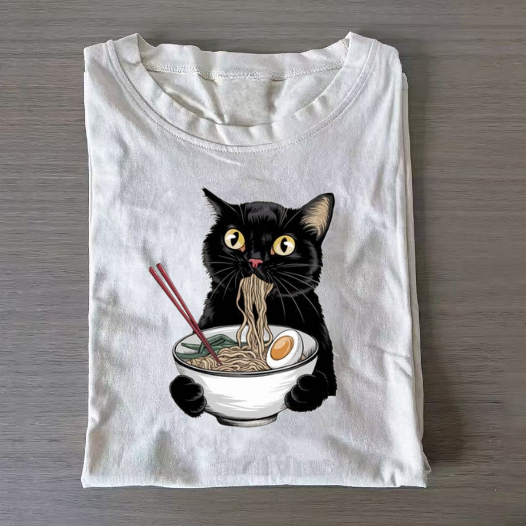 Cute Black Cat Eating Ramen Graphic T-Shirt