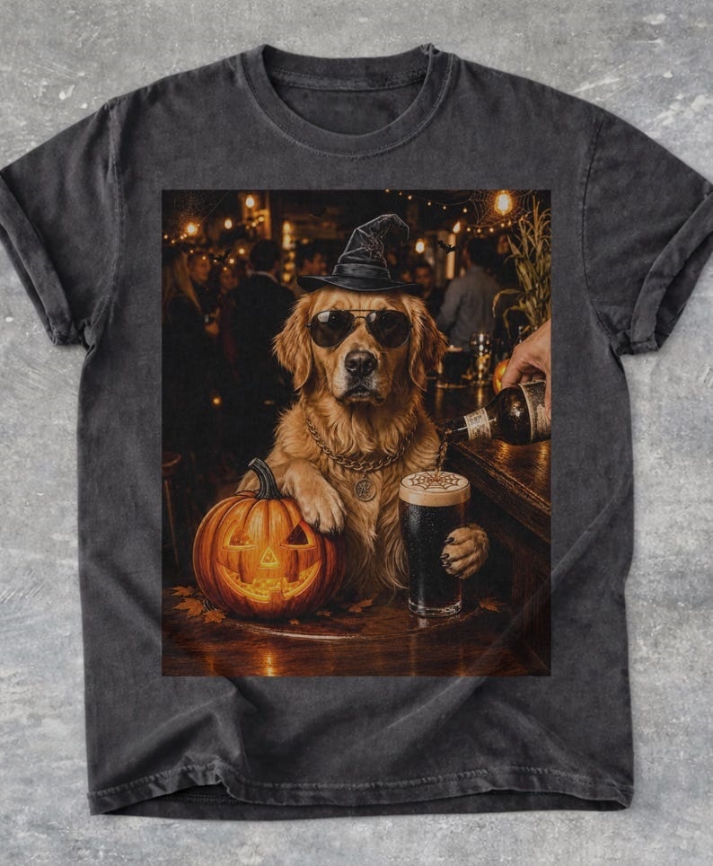 Halloween Witch Golden Retriever Bar Graphic T-Shirt