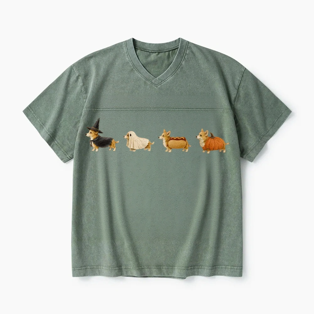Corgi Halloween Washed V-Neck T-Shirt