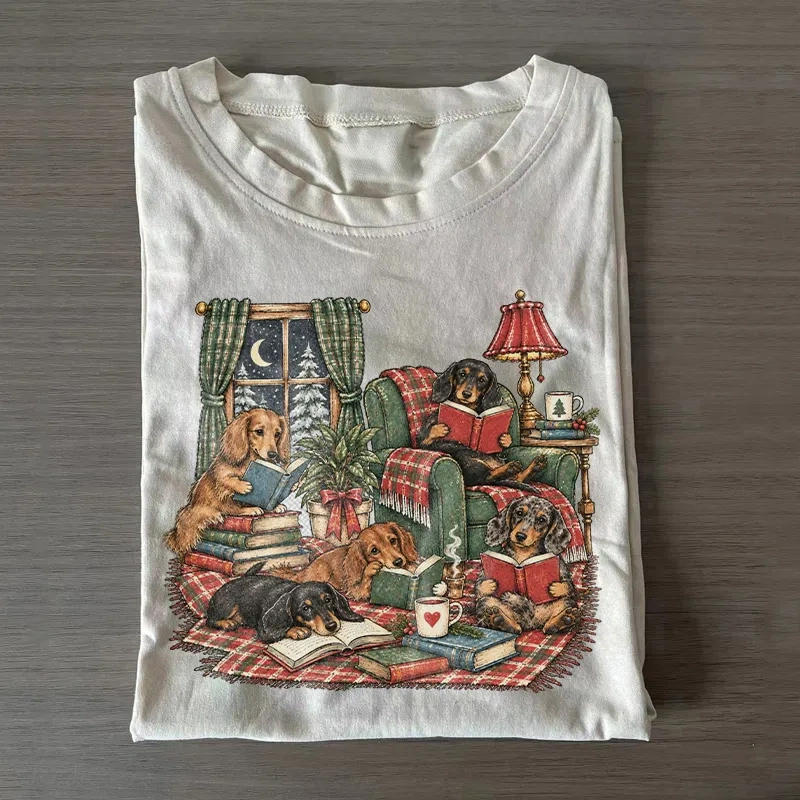 Reading Books Christmas Dachshund Dog T-shirt
