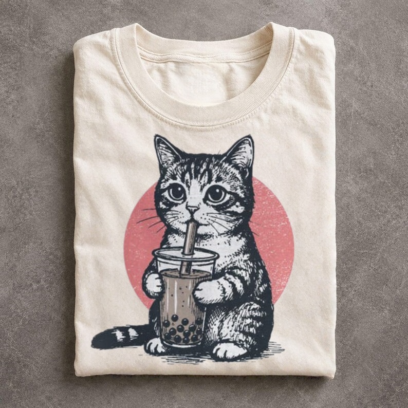 Boba Tea Tabby Cat Retro Graphic T-Shirt