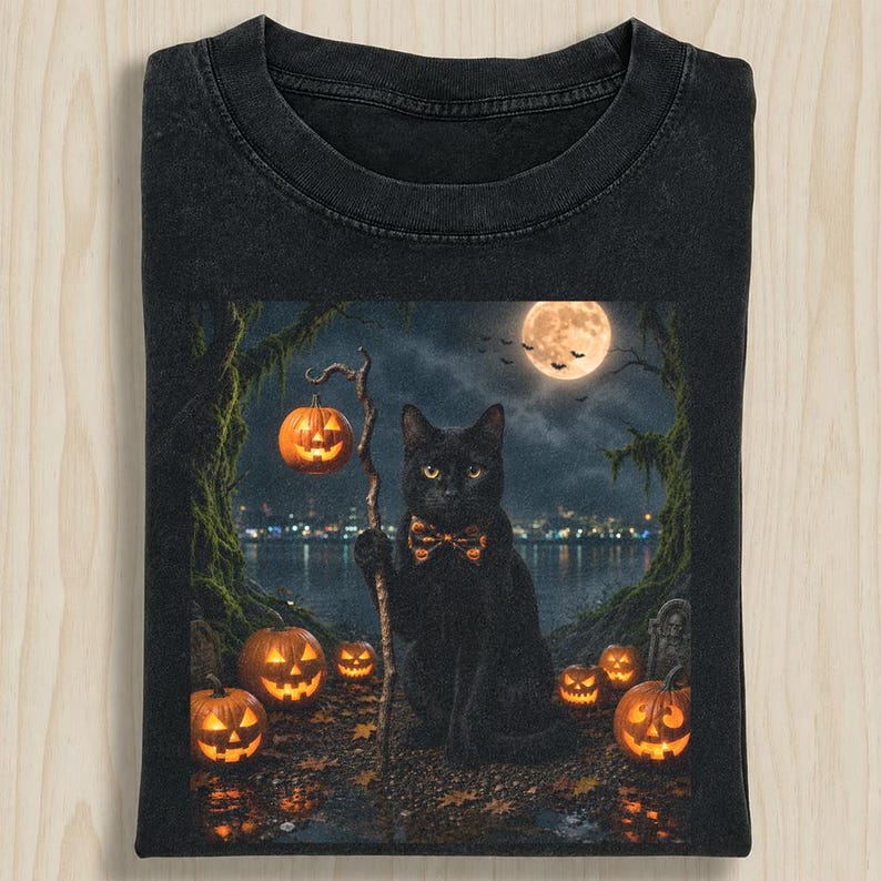 Spooky Full Moon Black Cat Pumpkin Halloween T-Shirt