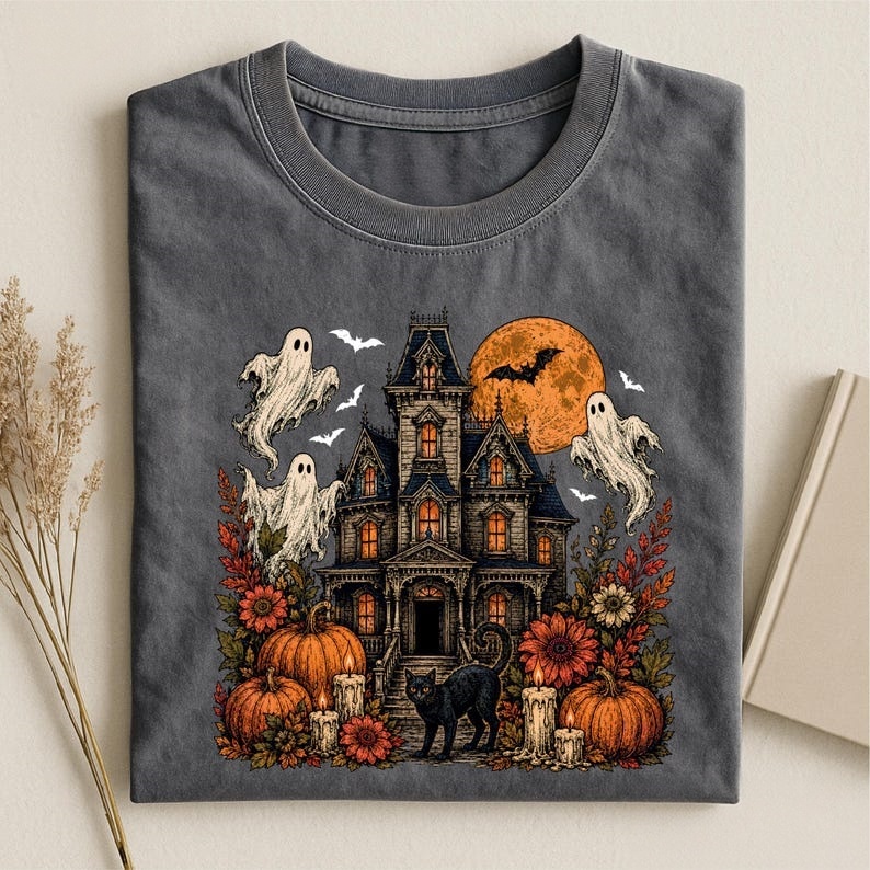 Vintage Haunted House Ghost Cat Halloween T-Shirt
