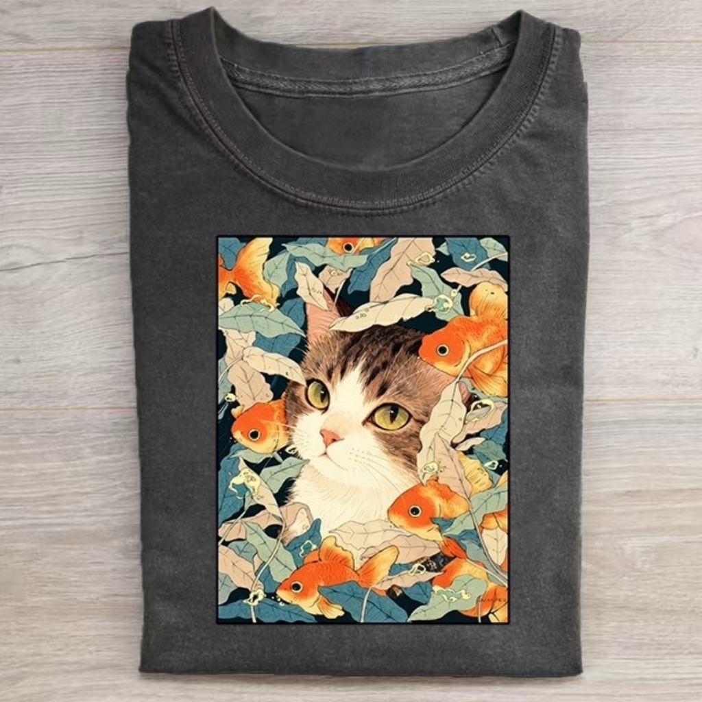 Tabby Cat And Goldfish Art Graphic T‑Shirt