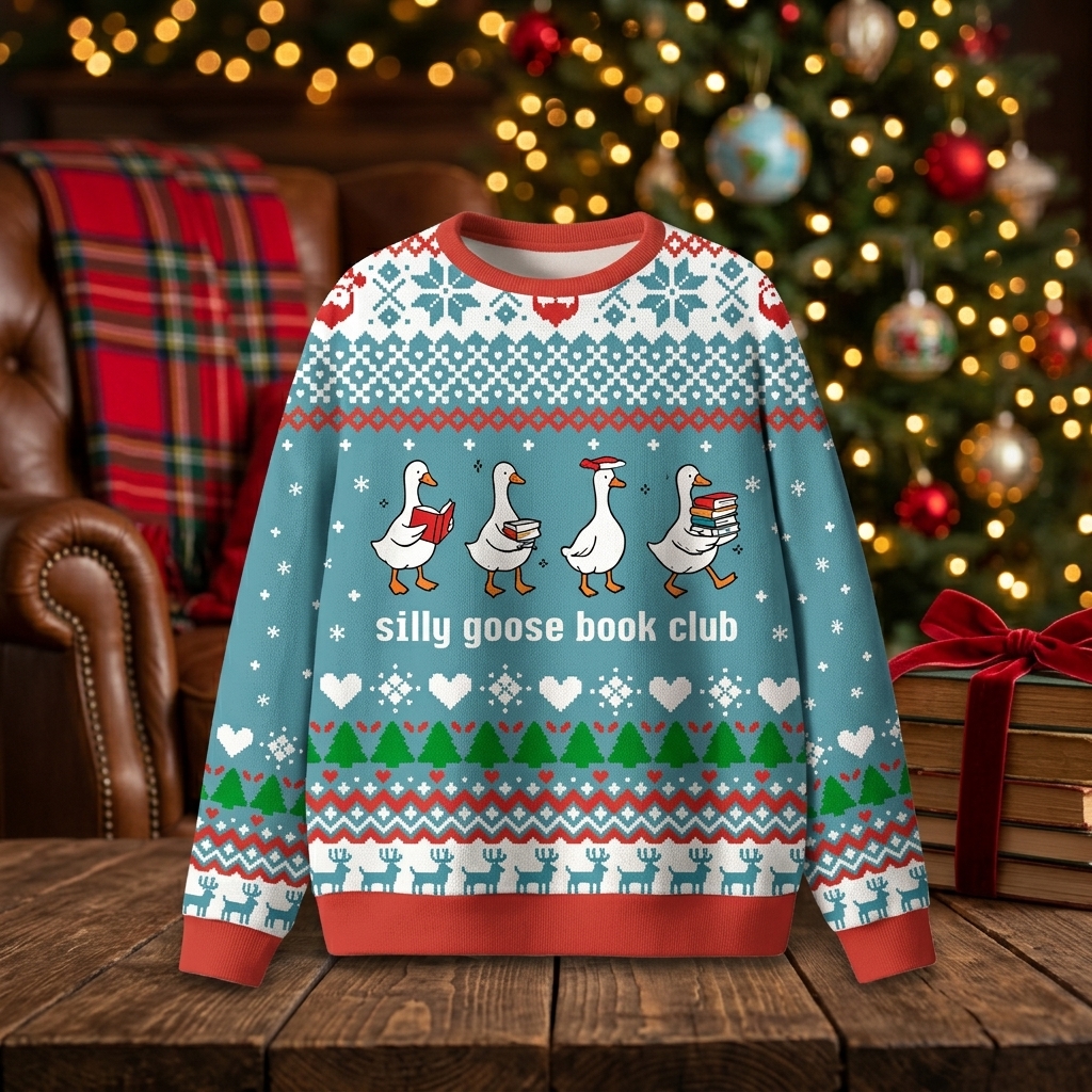 Silly Goose Book Club Blue Christmas Ugly Sweater