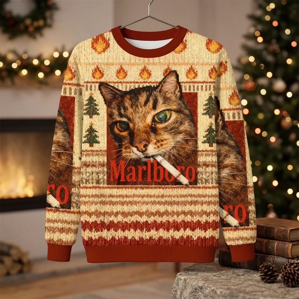 Vintage Tabby Cat Fire Christmas Ugly Sweater