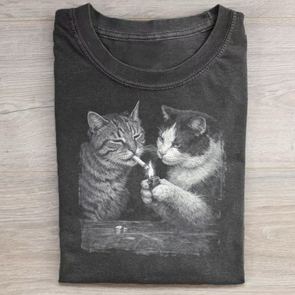 Vintage Sketch Smoking Cats Graphic T-Shirt
