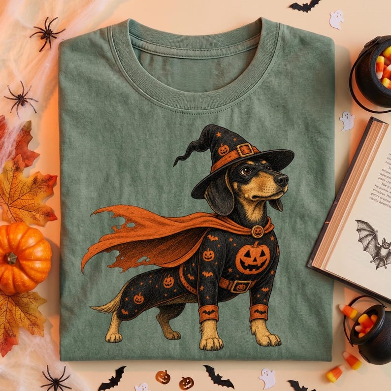 Witch Dachshund Pumpkin Halloween Graphic T-Shirt