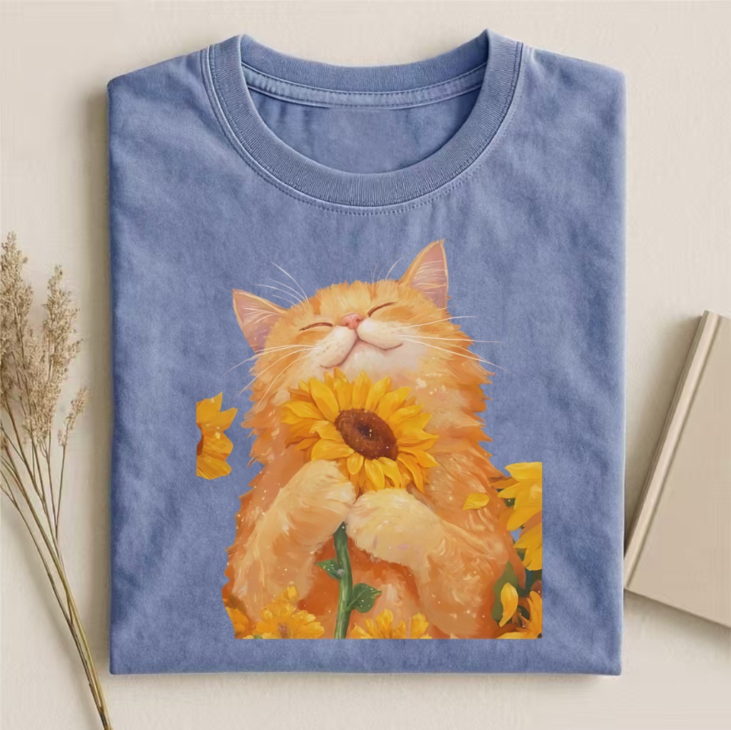Orange Cat With Sunflower Watercolor T-shirt - Vintage Washed Apparel by VanceMade