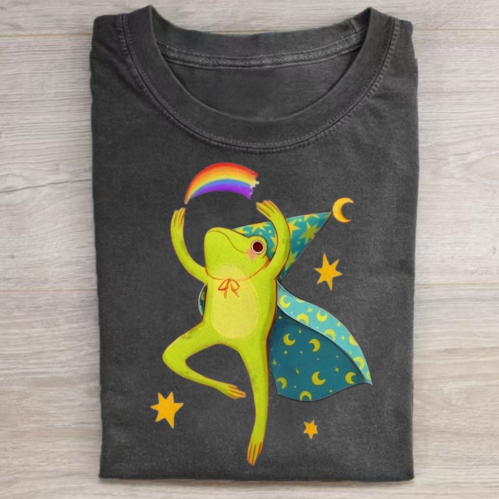 Whimsical Wizard Frog Rainbow Star Graphic T-Shirt