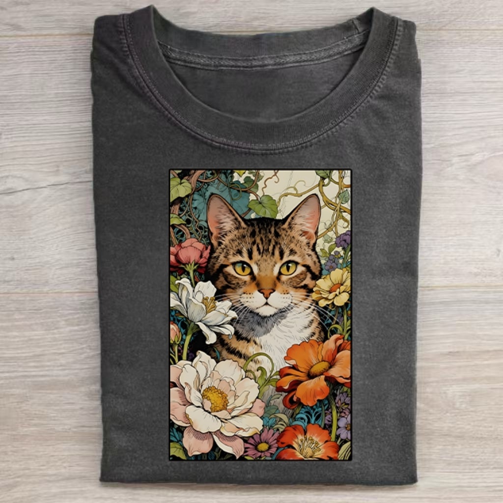 Tabby Cat Surrounded By Wild Blooms Art T‑Shirt