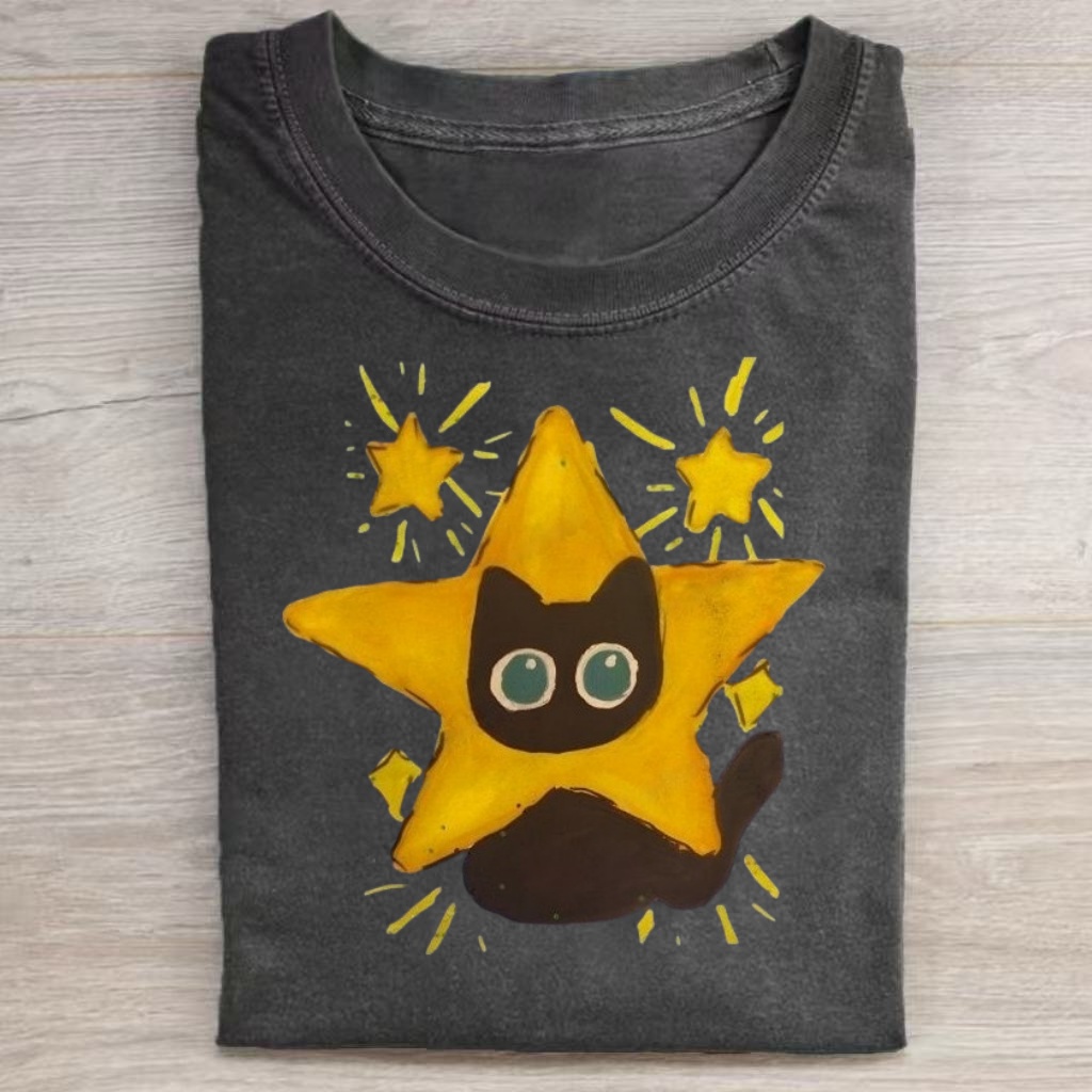 Cute Star Wrapped Black Cat Hand Drawn T-Shirt