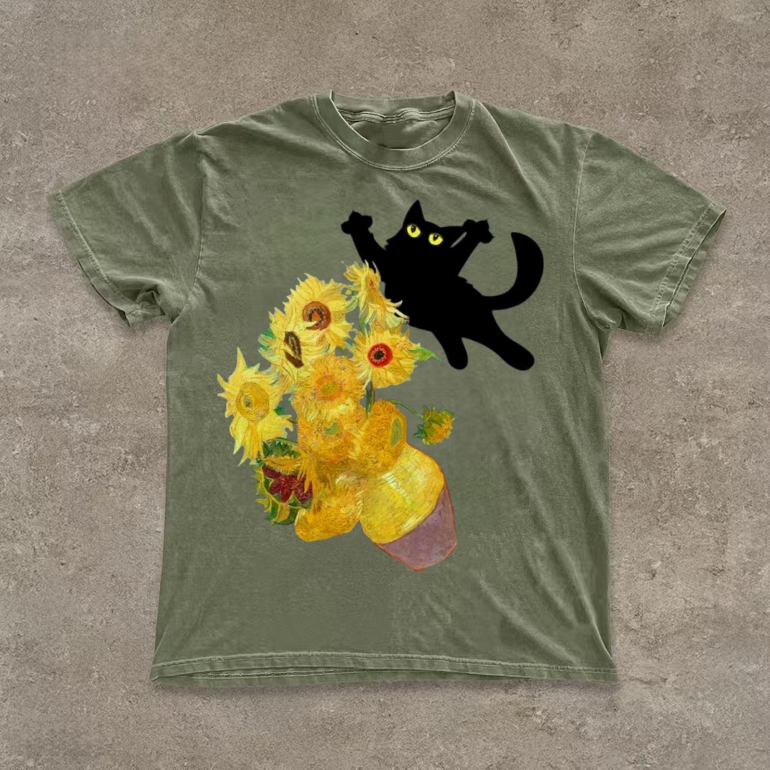 Van Gogh Sunflowers & Black Cat Parody T-shirt - Vintage Washed Apparel by VanceMade