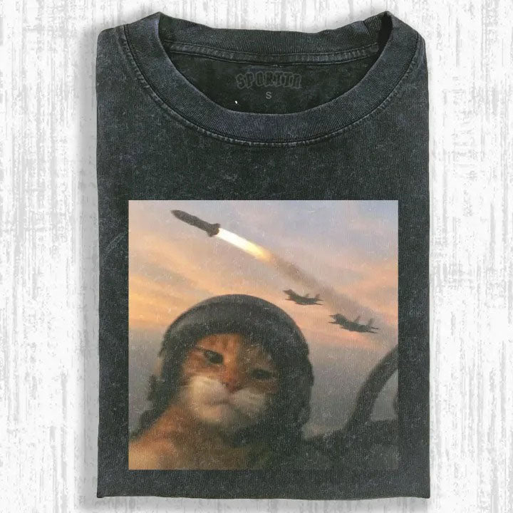Wacky Pilot Cat in Fighter Jet T-shirt - Vintage Washed Apparel by VanceMade