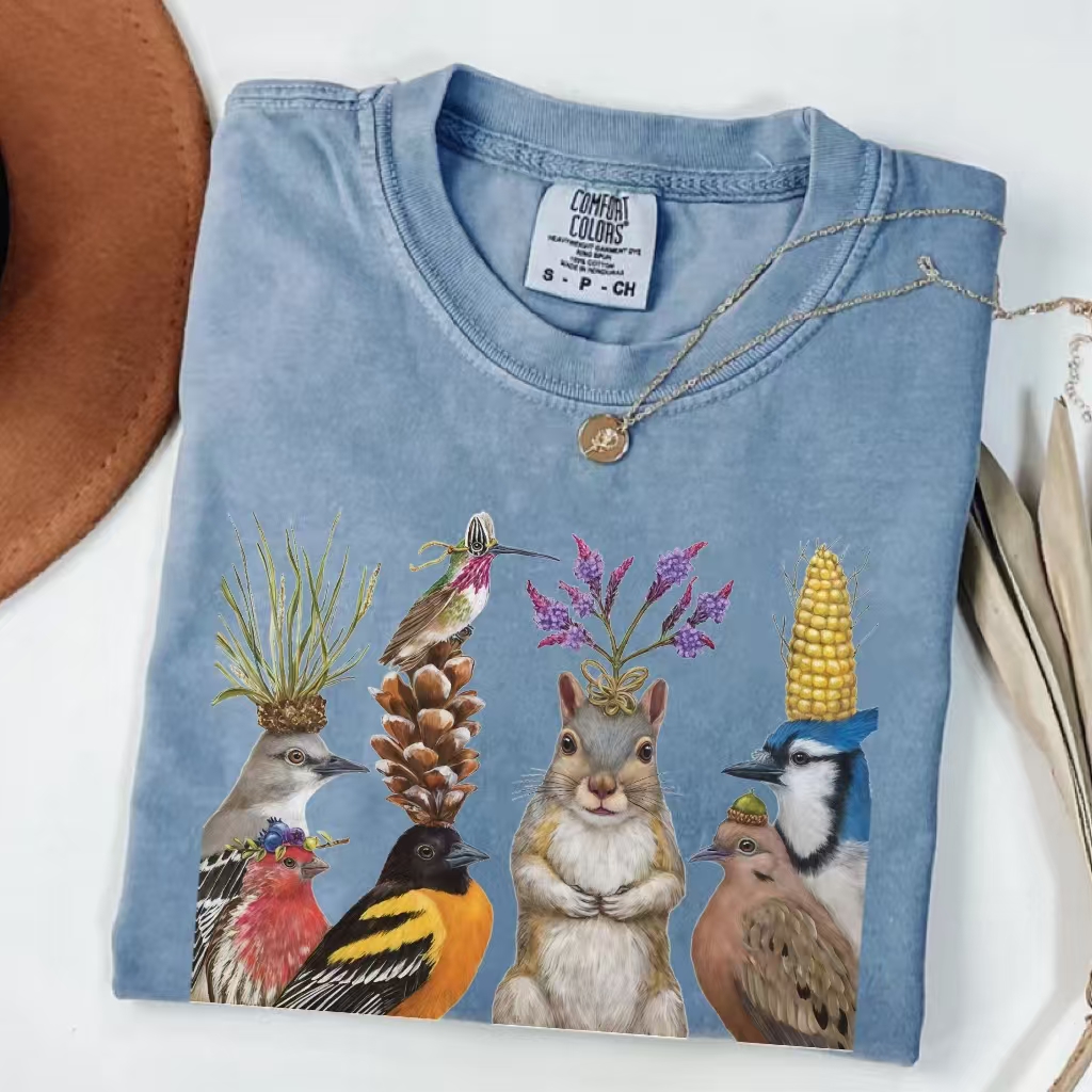Squirrel and Birds Whimsical Nature T-shirt - Vintage Washed Apparel by VanceMade