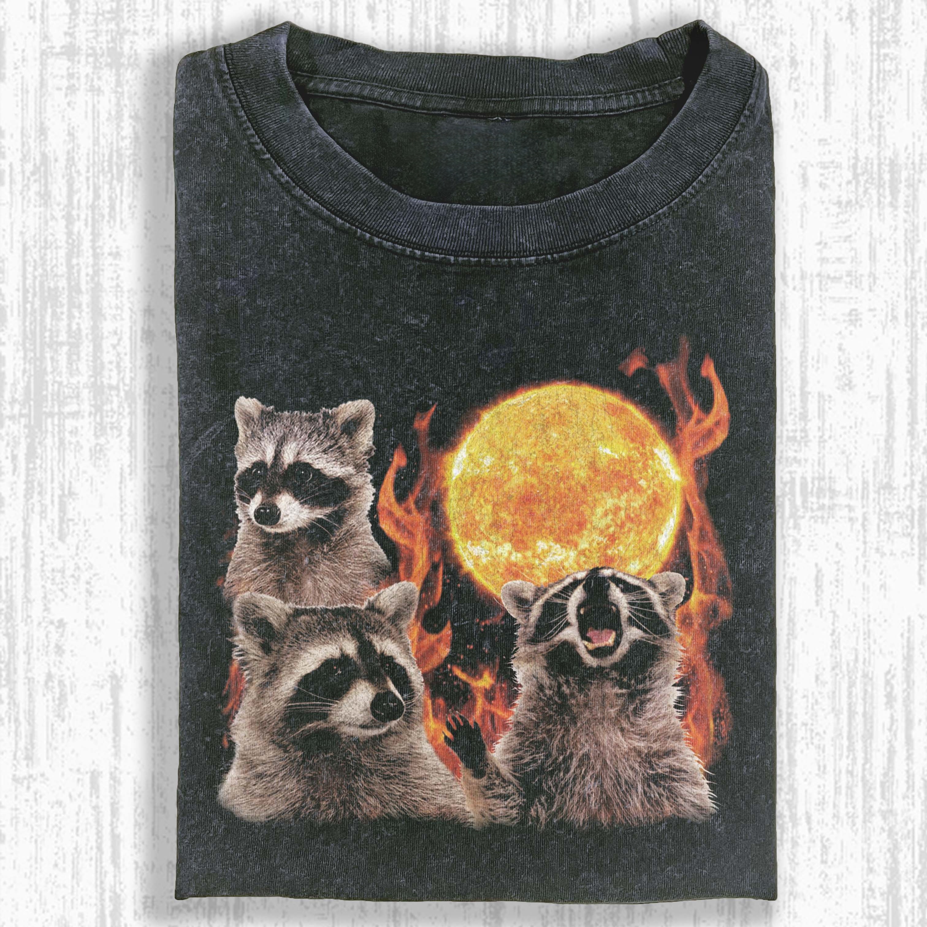 Fiery Moon Three Raccoons Retro T-Shirt