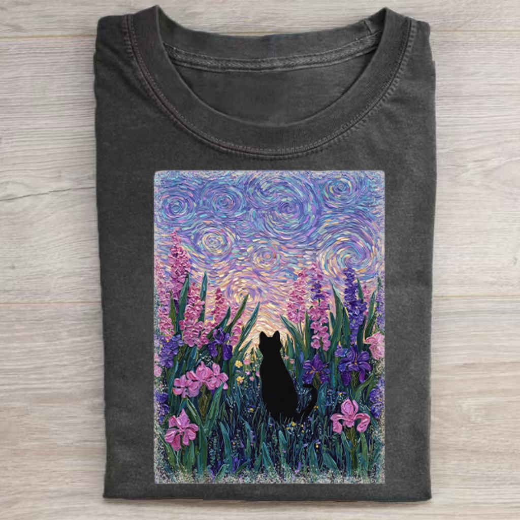 Starry Sky Black Cat Floral Scenery Art T‑Shirt