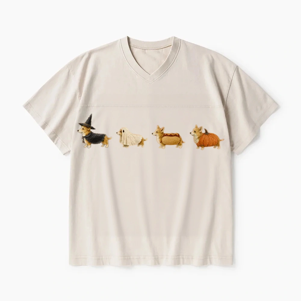 Corgi Halloween Washed V-Neck T-Shirt