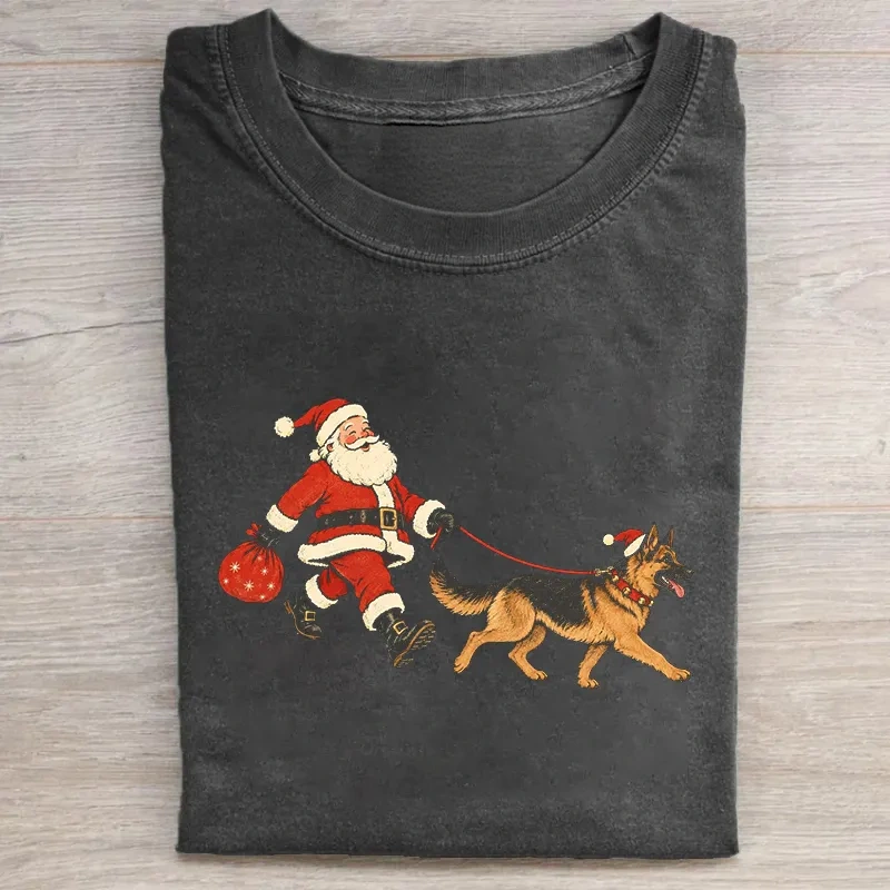 Funny Christmas Santa Walking German Shepherd T-shirt