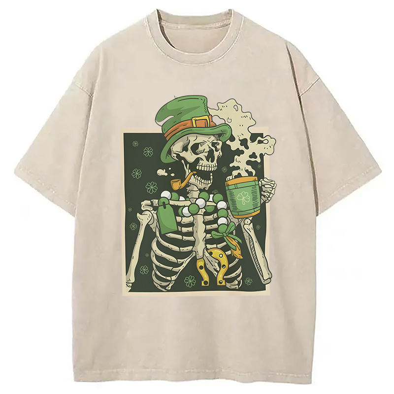 St. Patrick's Skeleton Drinking Coffee Washed T-Shirt - Vintage Washed Apparel by VanceMade