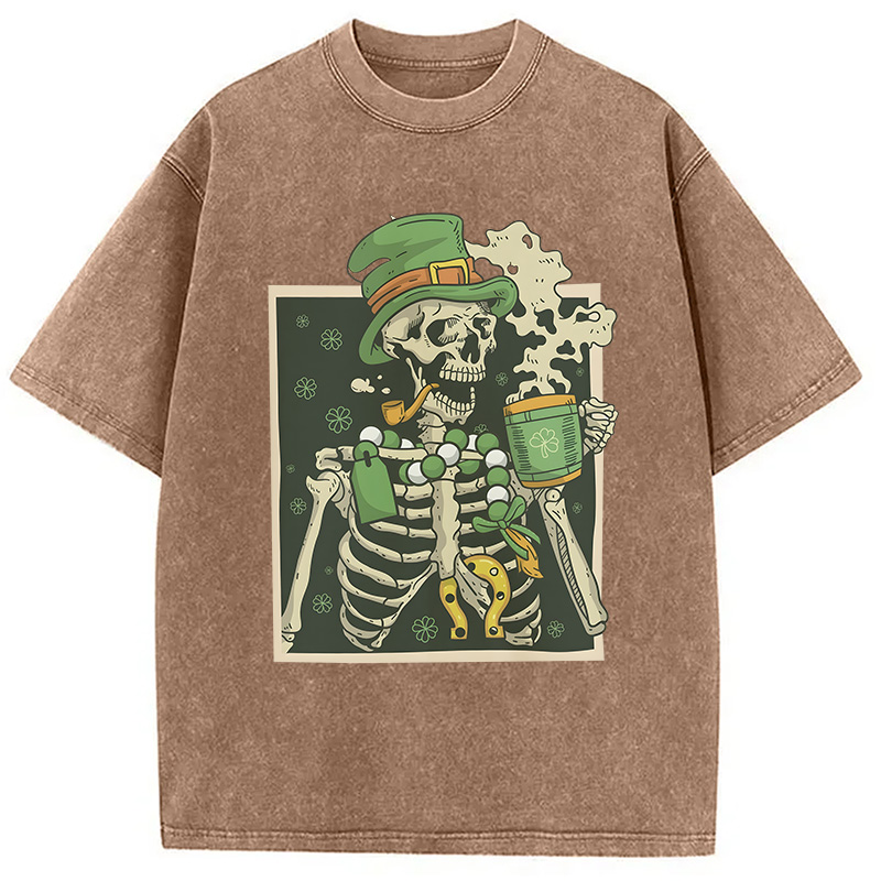 St. Patrick's Skeleton Drinking Coffee Washed T-Shirt - Vintage Washed Apparel by VanceMade