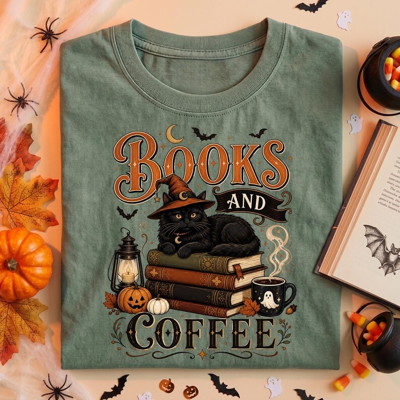 Halloween Black Cat Books And Coffee Art T-Shirt