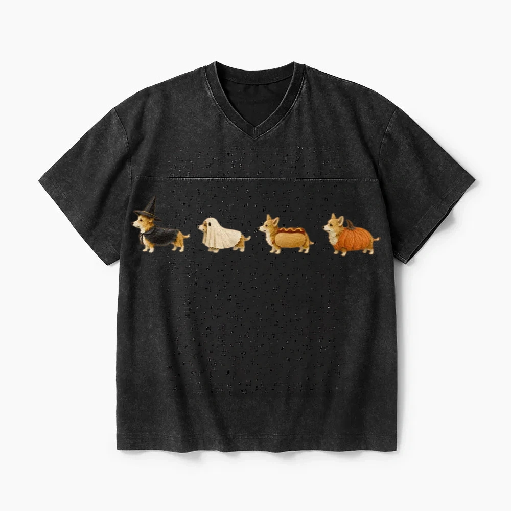 Corgi Halloween Washed V-Neck T-Shirt