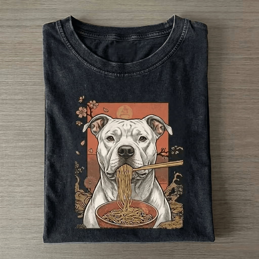 Vintage Style Pit Bull And Ramen Art T-Shirt