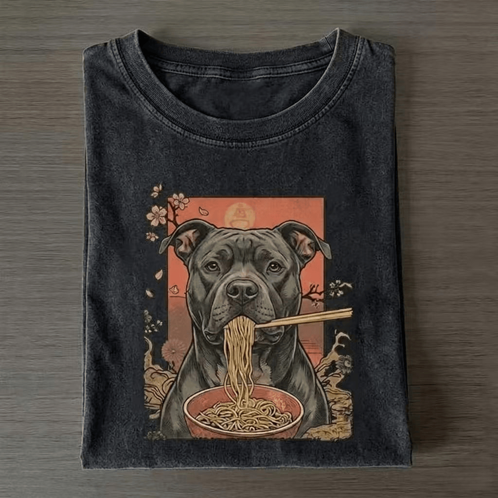 Vintage Style Pit Bull And Ramen Art T-Shirt