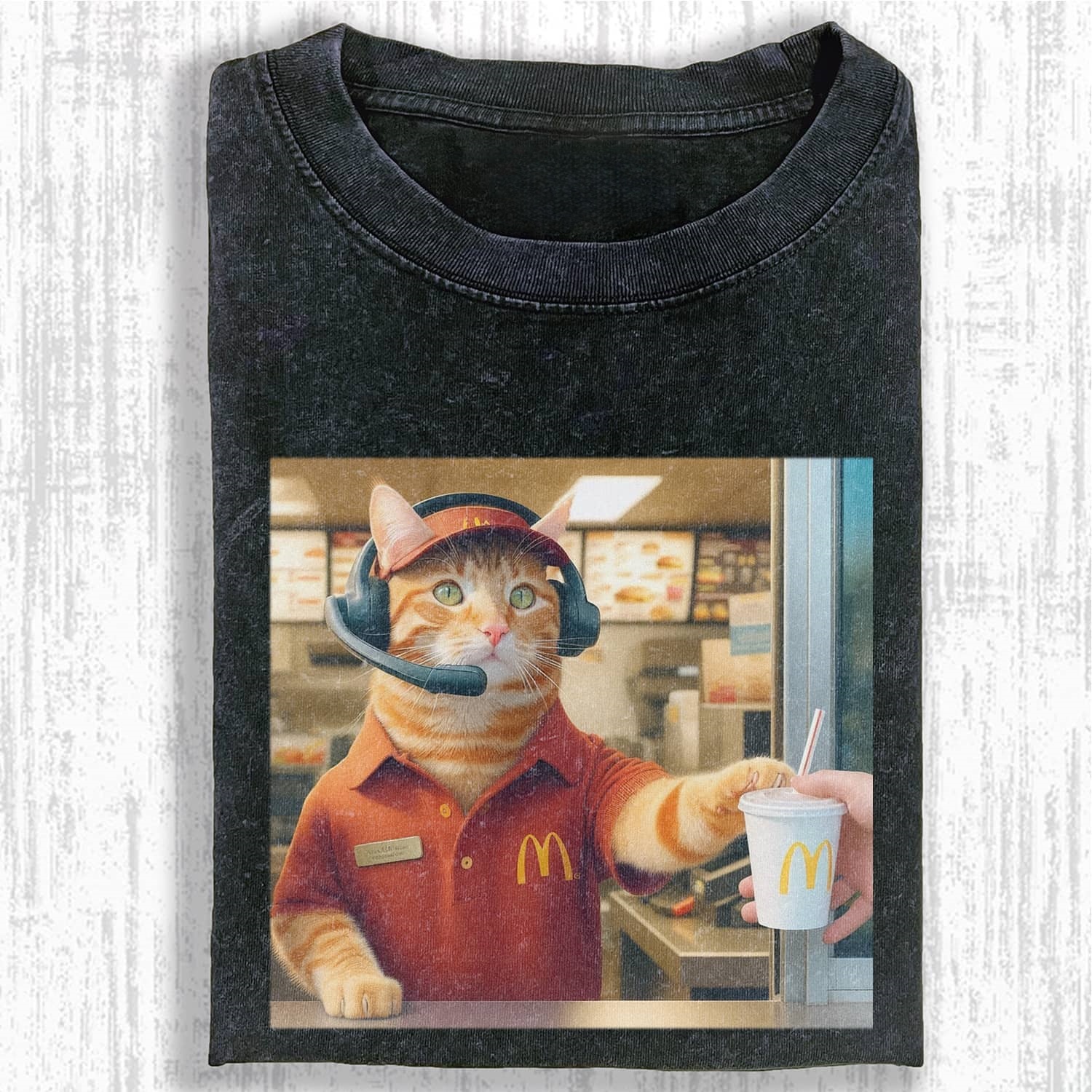Wacky McDonalds Cat Employee T-shirt 