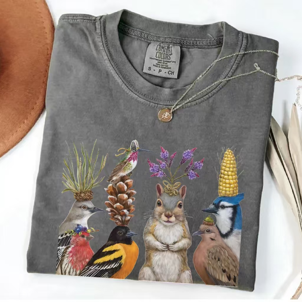Squirrel and Birds Whimsical Nature T-shirt - Vintage Washed Apparel by VanceMade