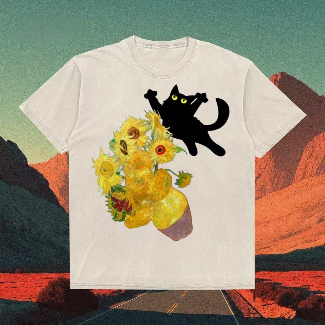 Van Gogh Sunflowers & Black Cat Parody T-shirt - Vintage Washed Apparel by VanceMade