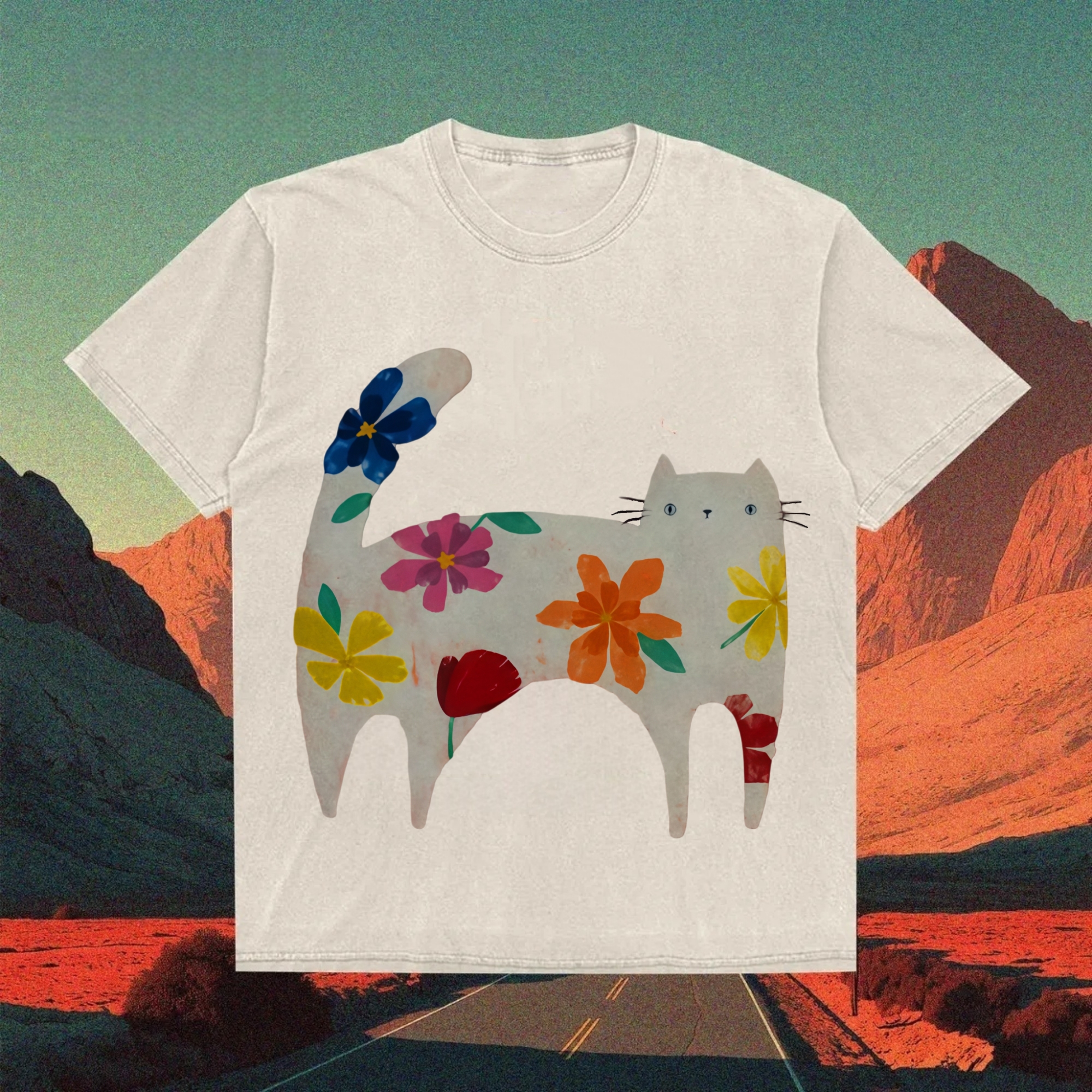 Floral Cat T-shirt - Vintage Washed Apparel by VanceMade