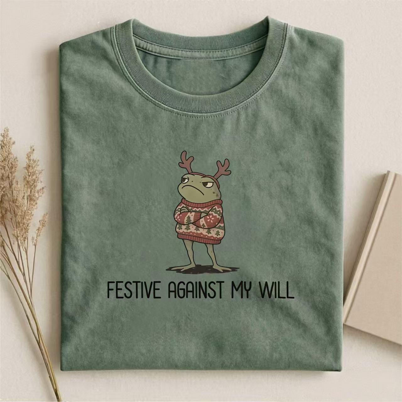 Festive Against My Will Grumpy Frog Christmas T-shirt