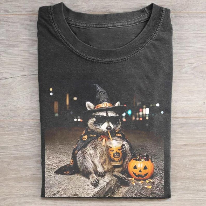 Halloween Witch Raccoon Pumpkin Art T-Shirt