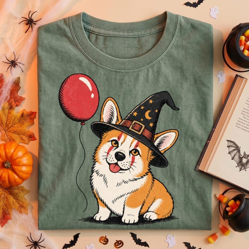 Cute Witch Corgi Red Balloon Halloween Graphic T-Shirt