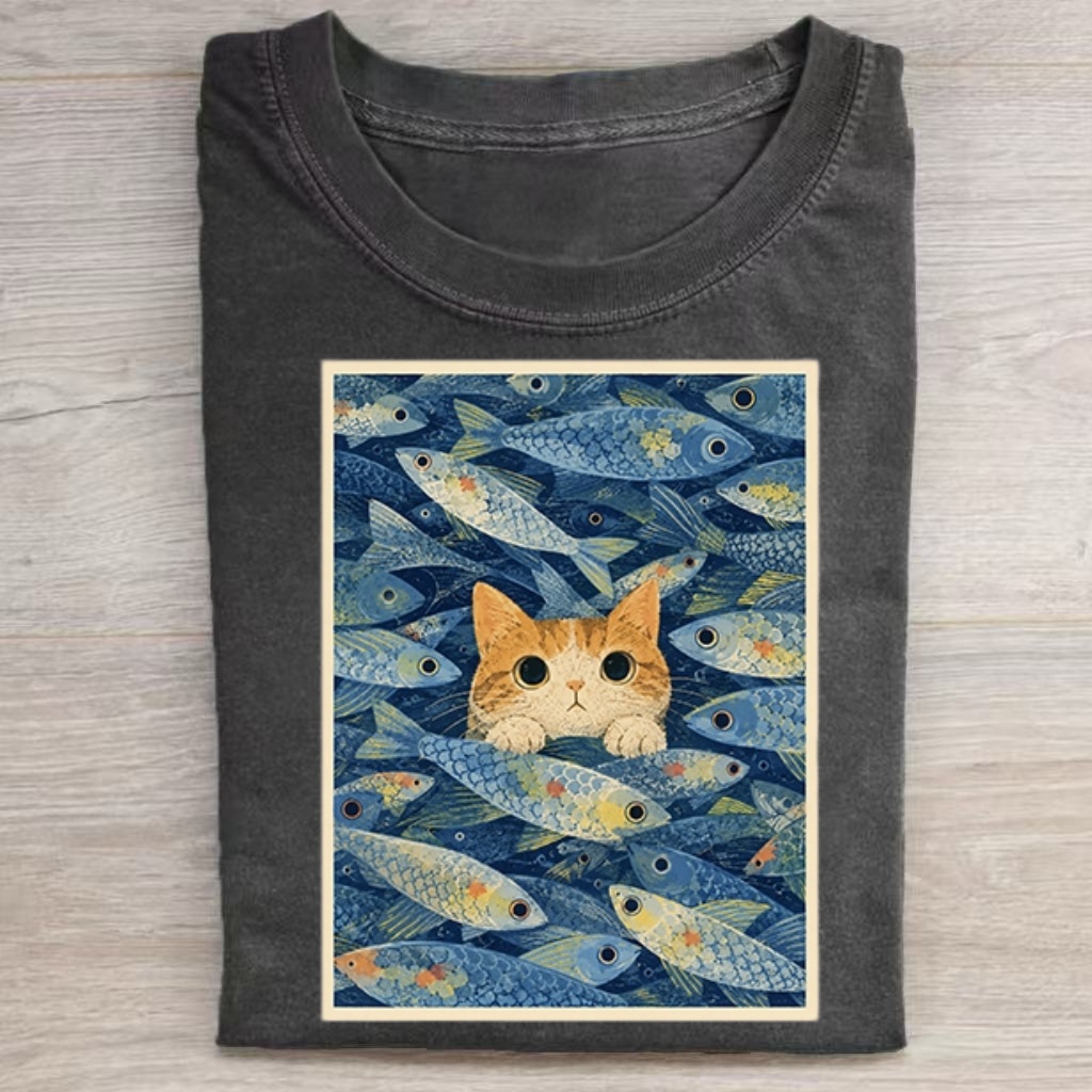 Kitten Surrounded By School Of Fish Art T‑Shirt