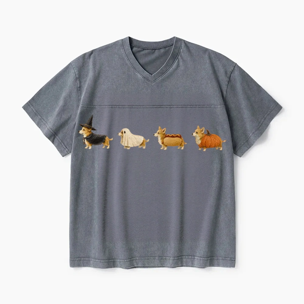 Corgi Halloween Washed V-Neck T-Shirt