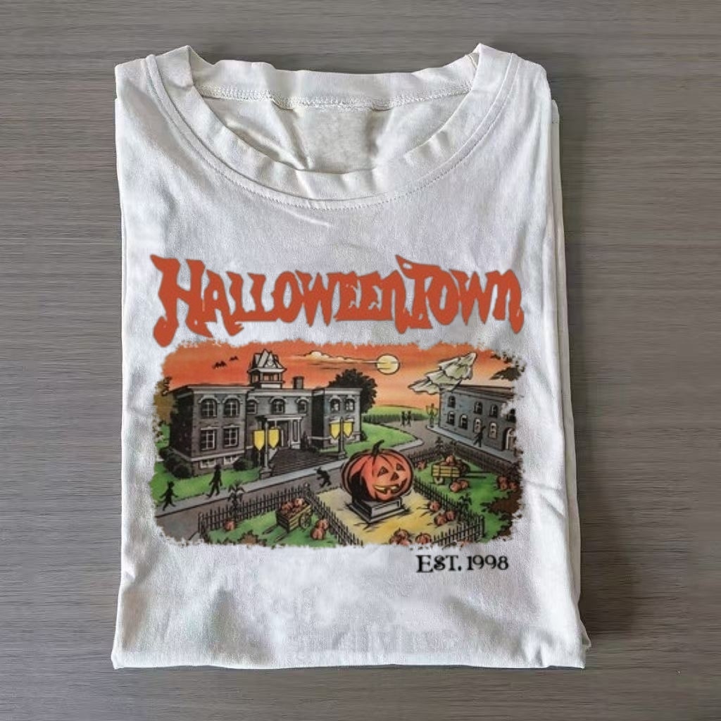 Vintage Halloween Town Scene Graphic T‑Shirt