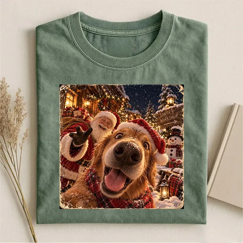 Golden Retriever Dog Santa Selfie T-shirt