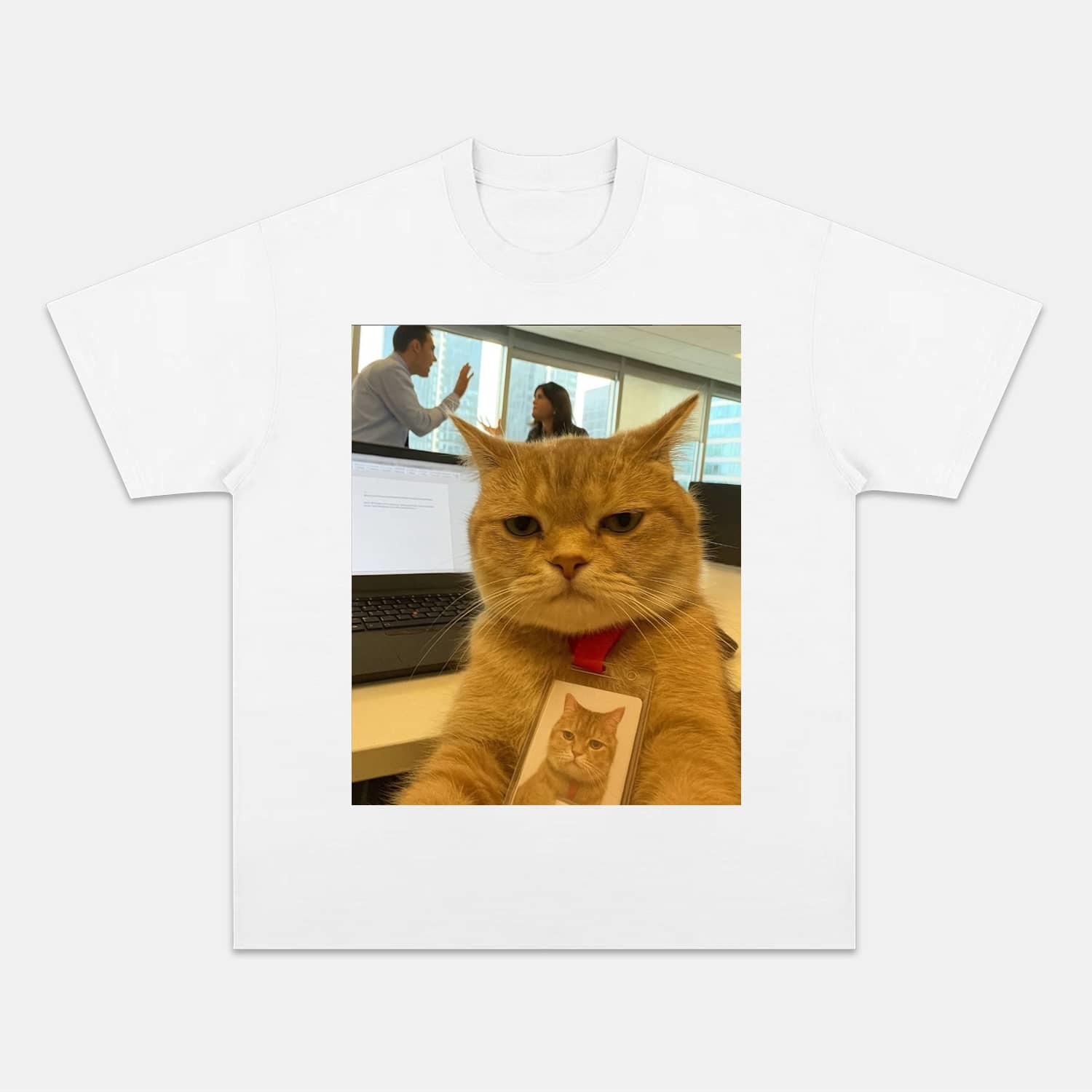 Wacky Office Cat with ID Badge T-shirt