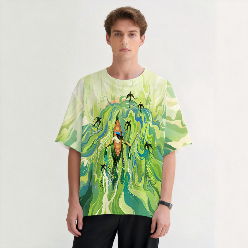 Swallows In Spring Water Graphic Print T-shirt - Vintage Washed Apparel by VanceMade