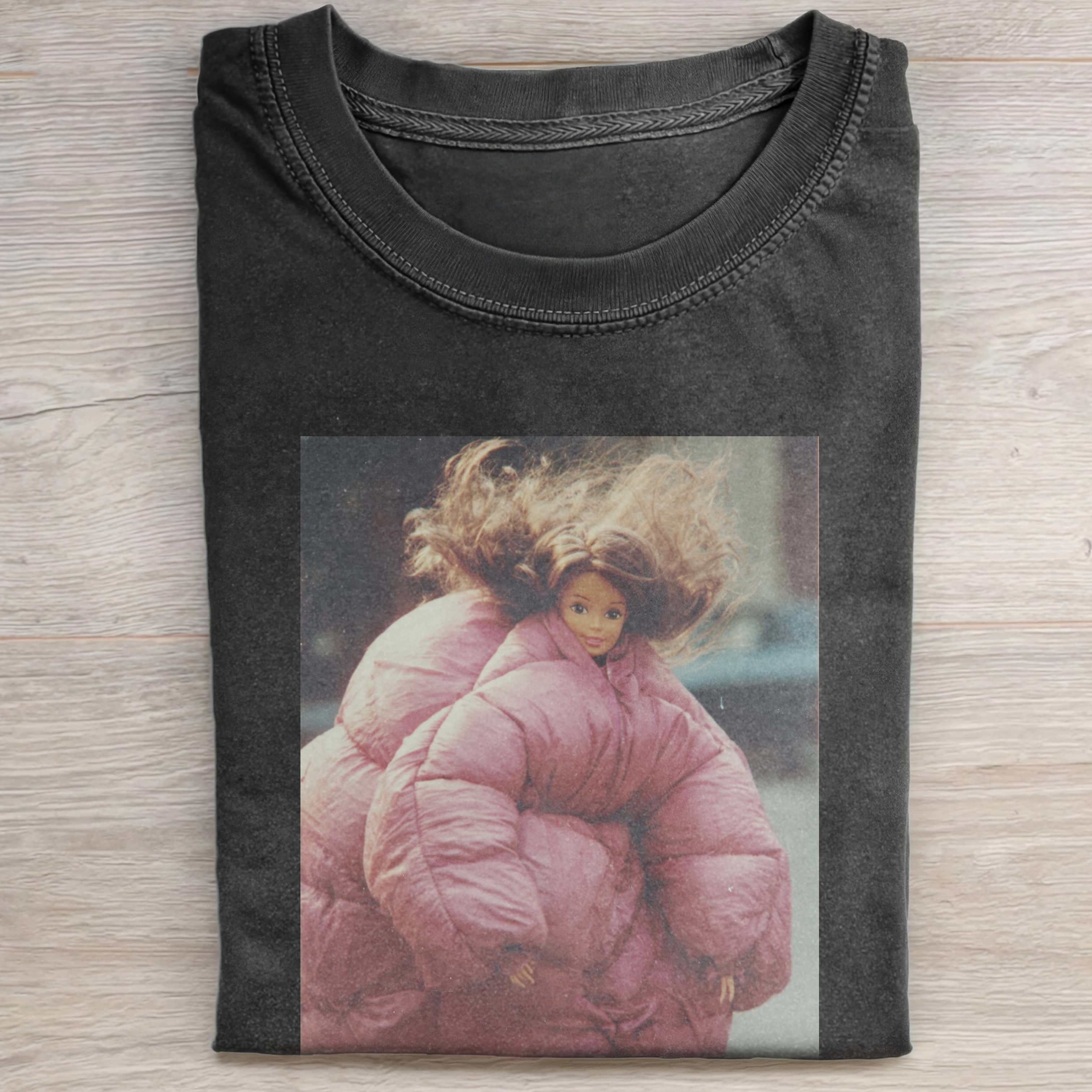 PINK THICK COAT AND Funny Doll FaceCORE TEE