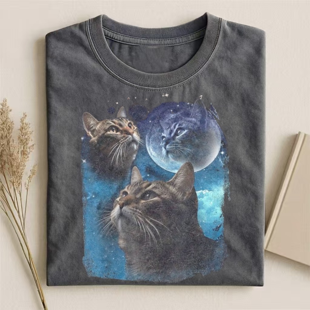 Cosmic Cat Moon Space Graphic T-shirt - Vintage Washed Apparel by VanceMade