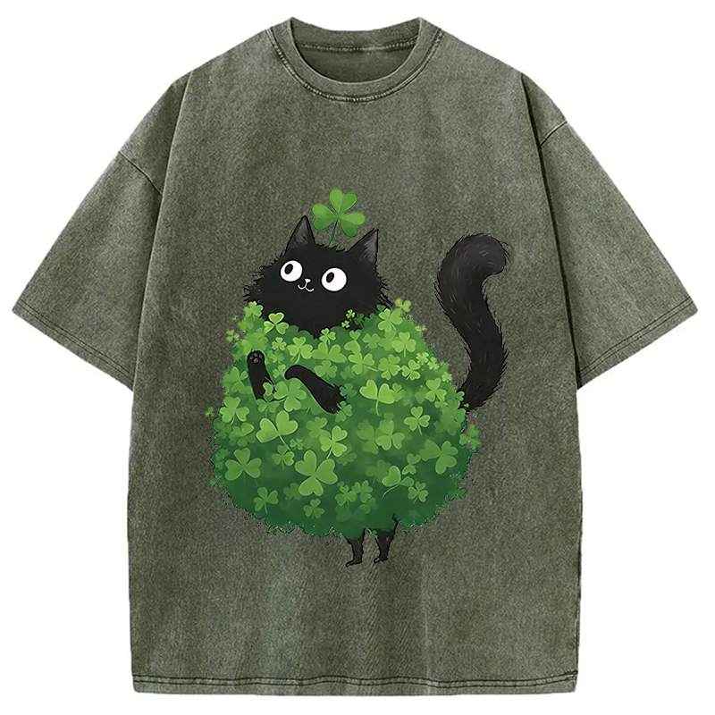 St. Patrick's Day Decorated Cat Washed T-Shirt-Vance